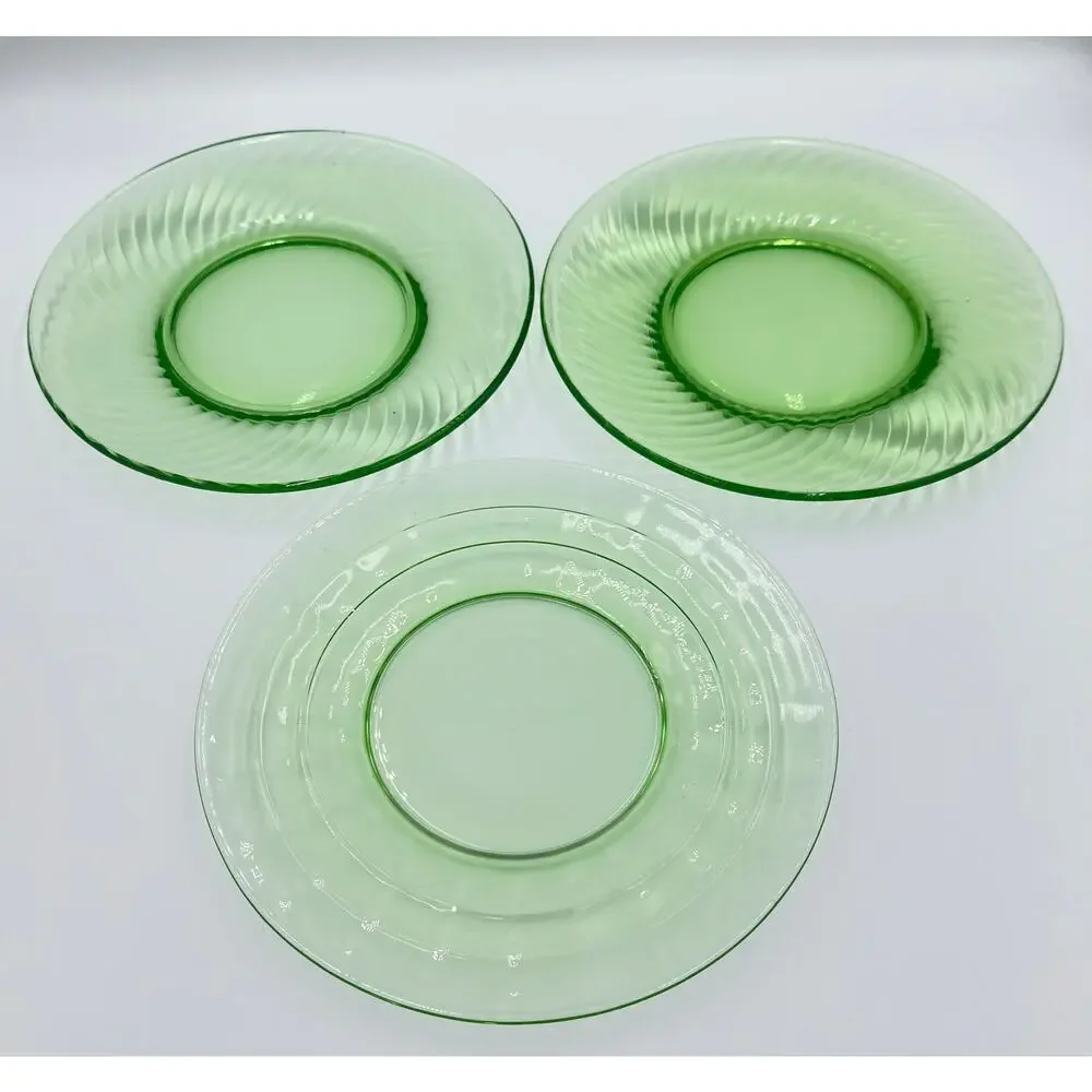 Anchor Hocking Green Depression Glass Swirl & Optic Luncheon 3pc Plate Set